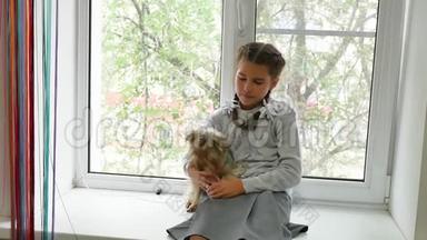 女孩和一只狗。 小女孩抱着约克郡猎犬坐在窗户上的宠物狗